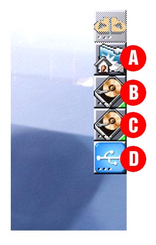 Abbildung 4: ber die Symbole rechts oben knnen Sie auf Ihr Home-Verzeichnis[A], Ihre Windows-Partitionen[B,C] und auf einen USB-Stick[D] direkt zugreifen. 